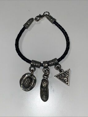 Vintage GUESS Black Braided Leather Charm Bracelet ~ Rare Deadstock
